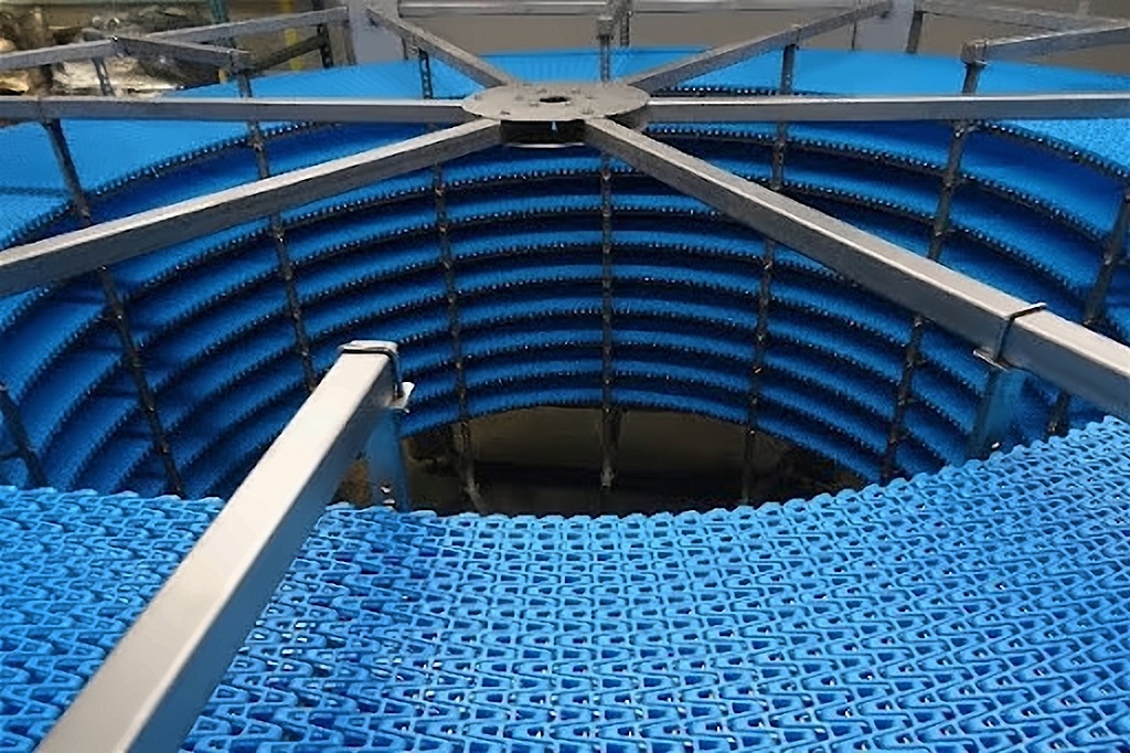 Top view of spiral freezer modular belt tiers